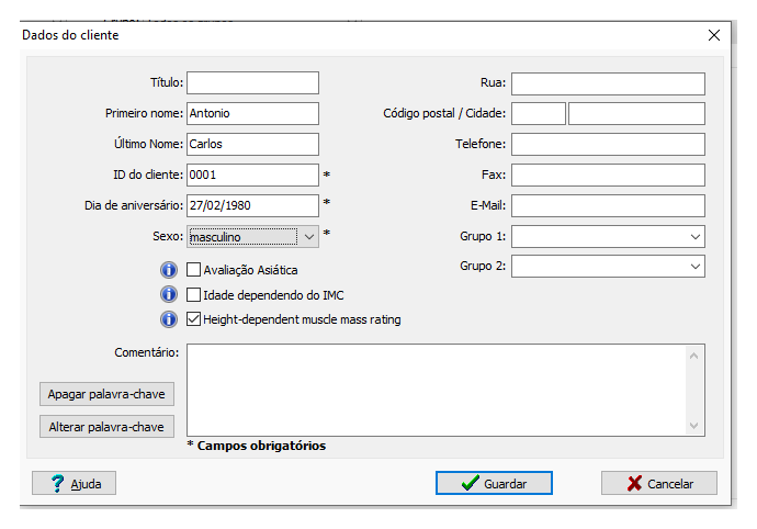 Tela de cadastro de cliente no software GMON, com os campos de nome, ID, data de nascimento e sexo.